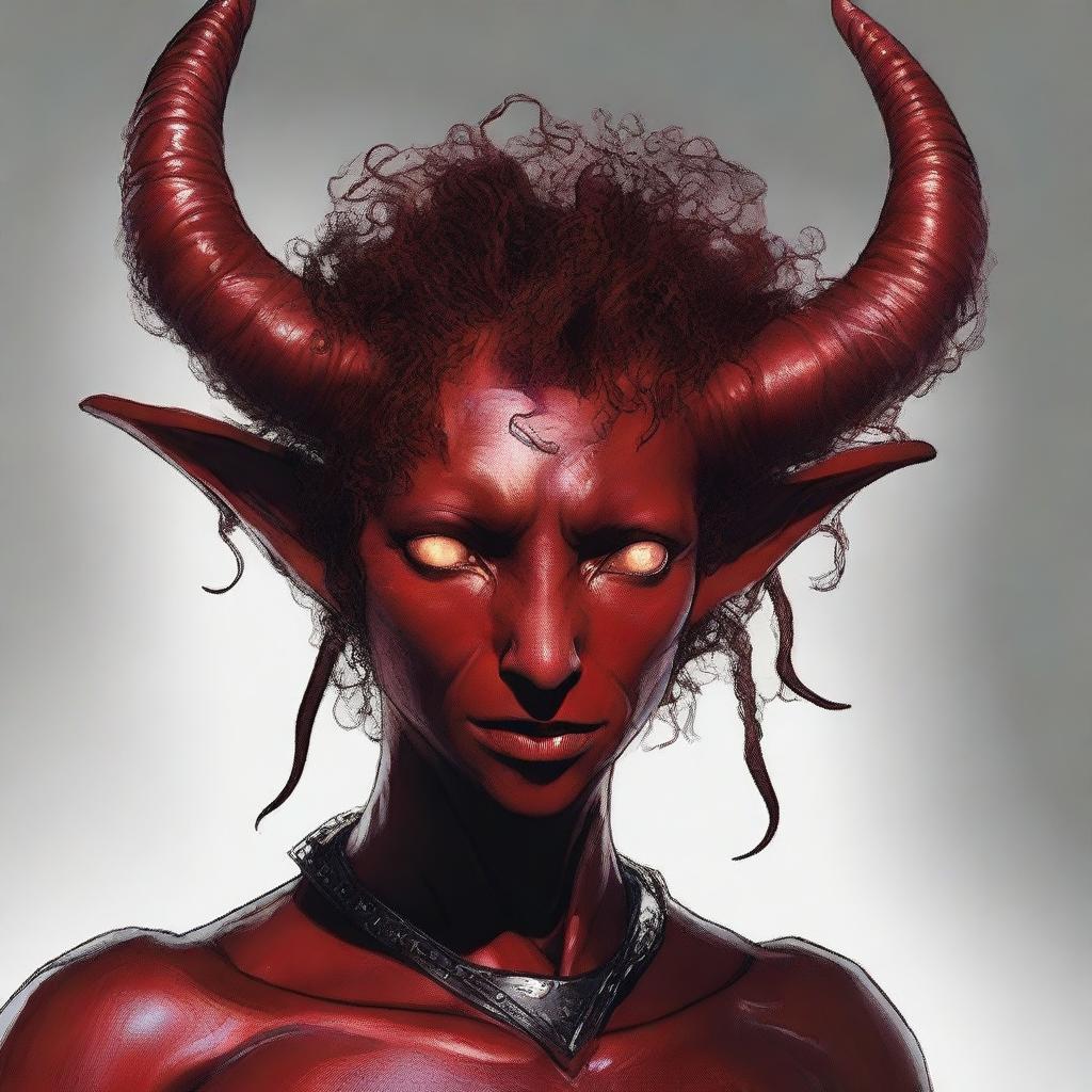 A Tiefling of Dispater with red skin, short curly hair, and heterochromatic eyes