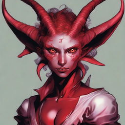 A Tiefling of Dispater with red skin, short curly hair, and heterochromatic eyes