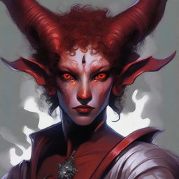 A Tiefling of Dispater with red skin, short curly hair, and heterochromatic eyes