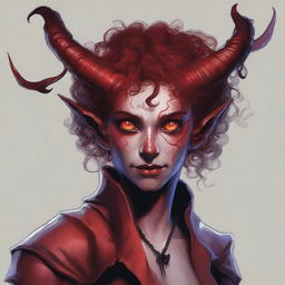 A Tiefling of Dispater with red skin, short curly hair, and heterochromatic eyes