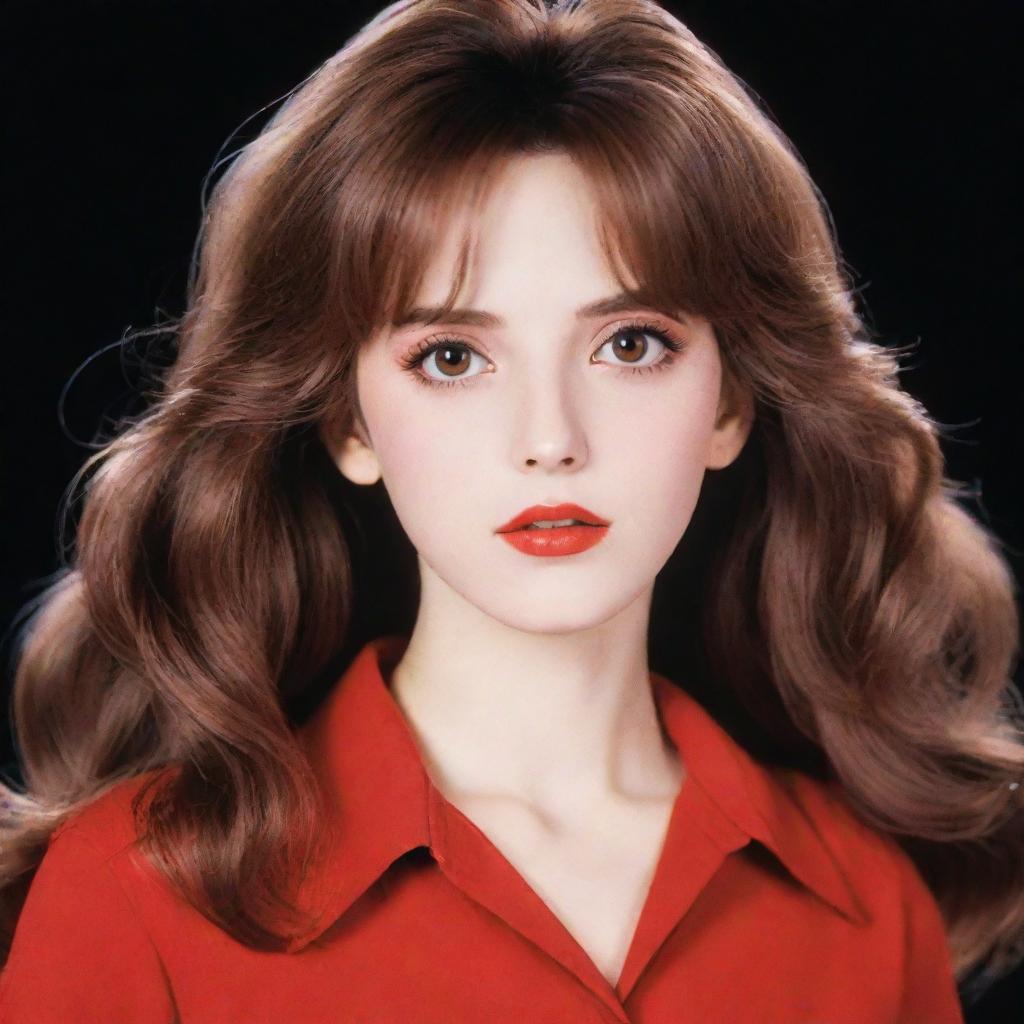 An anime girl in 80's style like NaNa, featuring long, wavy brown hair, brown siren eyes, fair skin, a long face, big lips, small nose, and a thin body. She is wearing a red shirt against a black background.