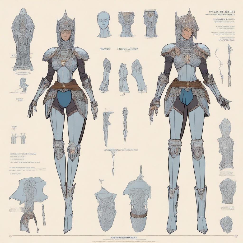 A detailed character sheet of Lady Elara, a decorated knight