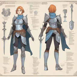 A detailed character sheet of Lady Elara, a decorated knight