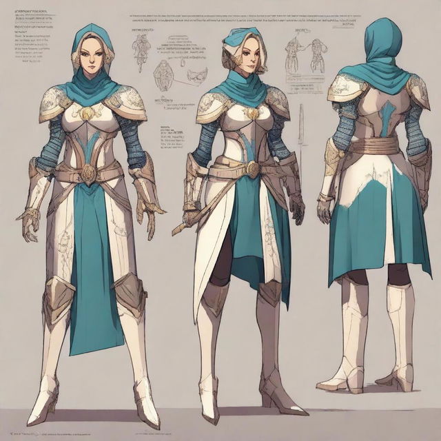 A detailed character sheet of Lady Elara, a decorated knight