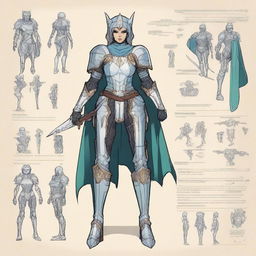 A detailed character sheet of Lady Elara, a decorated knight