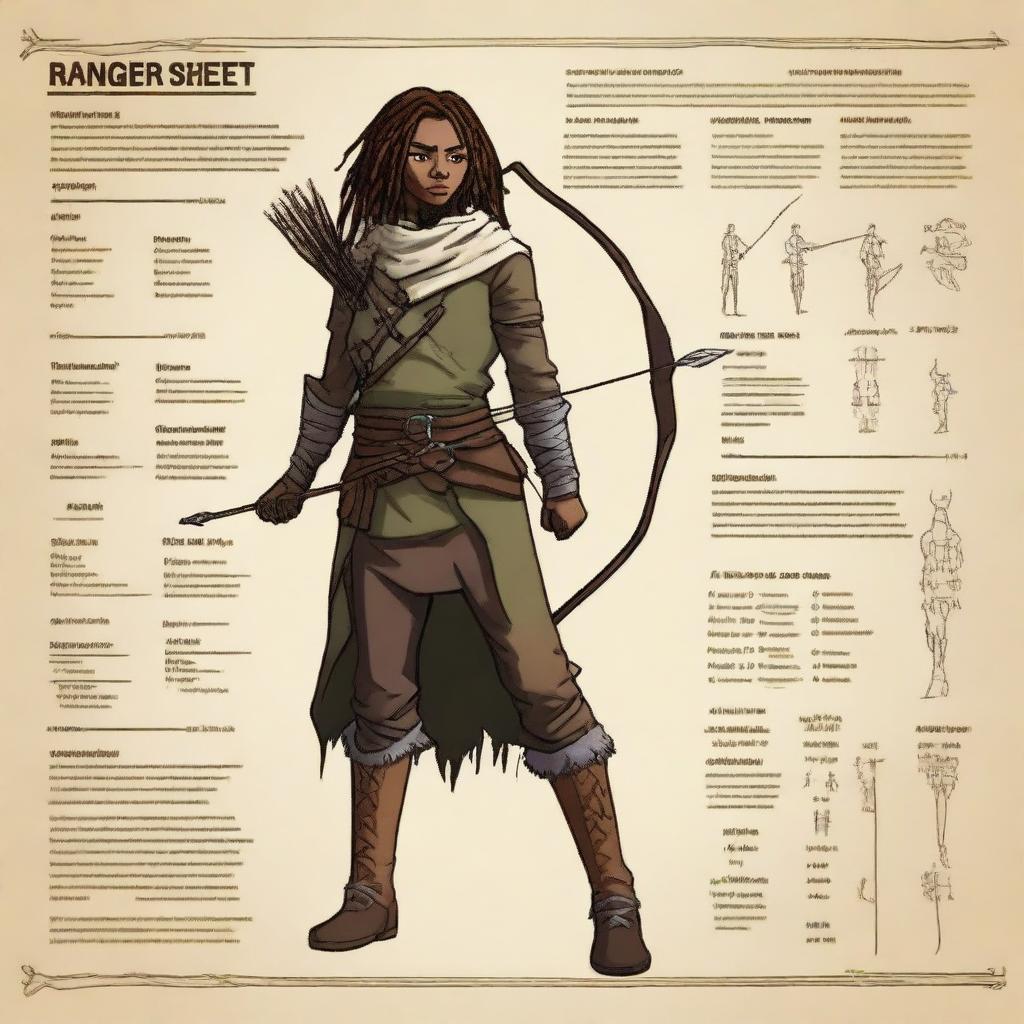 Create a detailed character sheet of a ranger with a bow and arrow