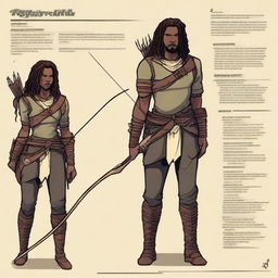 Create a detailed character sheet of a ranger with a bow and arrow