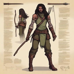 Create a detailed character sheet of a ranger with a bow and arrow