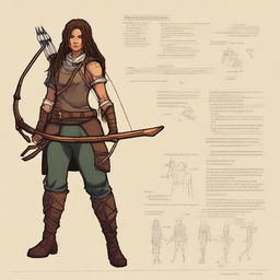 Create a detailed character sheet of a ranger with a bow and arrow