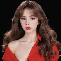 An anime girl in 80's style like NaNa, featuring long, wavy brown hair, brown siren eyes, fair skin, a long face, big lips, small nose, and a thin body. She is wearing a red shirt against a black background.