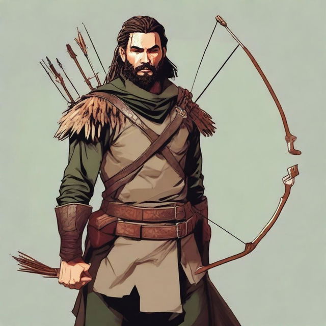 Create an image of a male ranger with a bow and arrow