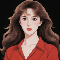 An anime girl in 80's style like NaNa, featuring long, wavy brown hair, brown siren eyes, fair skin, a long face, big lips, small nose, and a thin body. She is wearing a red shirt against a black background.