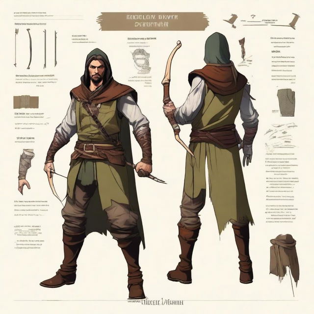 Create a detailed character sheet of a male ranger with a bow and arrow