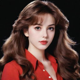 An anime girl in 80's style like NaNa, featuring long, wavy brown hair, brown siren eyes, fair skin, a long face, big lips, small nose, and a thin body. She is wearing a red shirt against a black background.