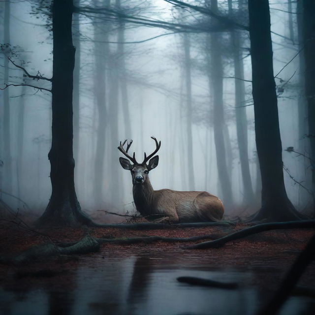 A chilling movie poster featuring a decapitated deer lying in a dark, foreboding forest