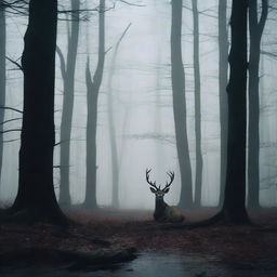 A chilling movie poster featuring a decapitated deer lying in a dark, foreboding forest