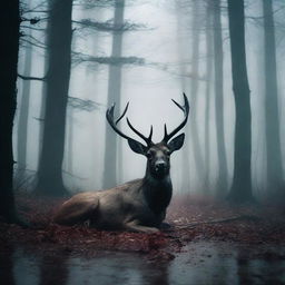 A chilling movie poster featuring a decapitated deer lying in a dark, foreboding forest