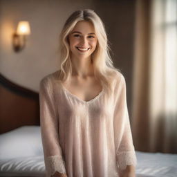 A European blonde woman smiling warmly, dressed in a nightgown