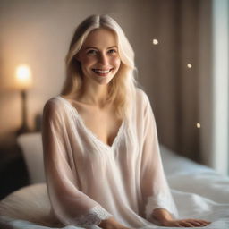 A European blonde woman smiling warmly, dressed in a nightgown