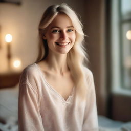 A European blonde woman smiling warmly, dressed in a nightgown