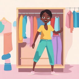 A character standing in front of a wardrobe, trying on different outfits