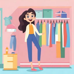 A character standing in front of a wardrobe, trying on different outfits