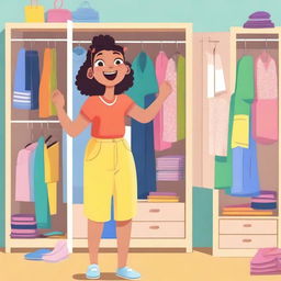 A character standing in front of a wardrobe, trying on different outfits