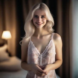 A European blonde woman smiling seductively, dressed in a skimpy nightgown