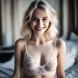 A young European blonde woman smiling seductively, dressed in skimpy nightwear