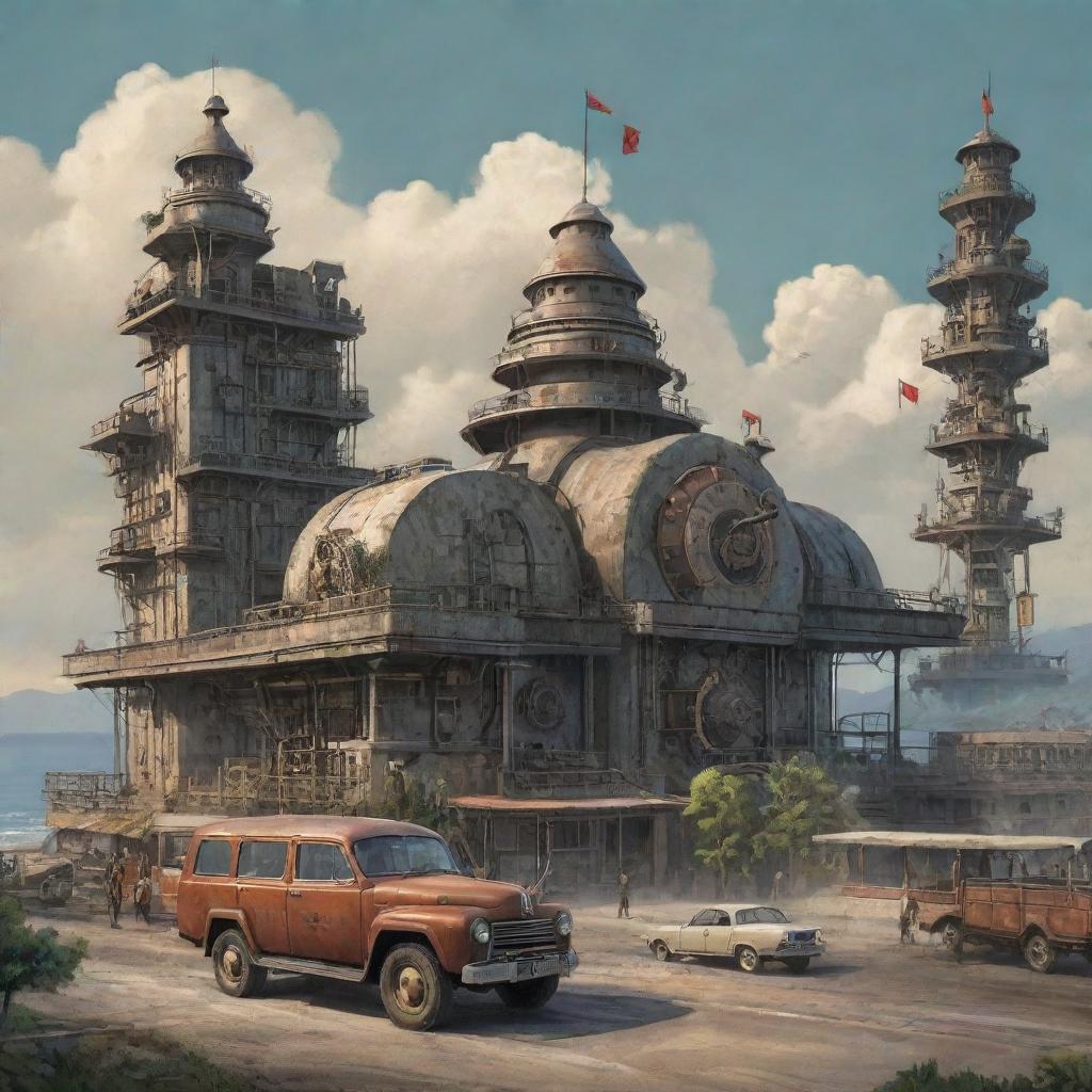 A blend of Timor-Leste’s traditional scenery with a dieselpunk theme, featuring retro-futuristic machinery, and architectural motifs conceptually fused with the unique elements of Timor-Leste culture.