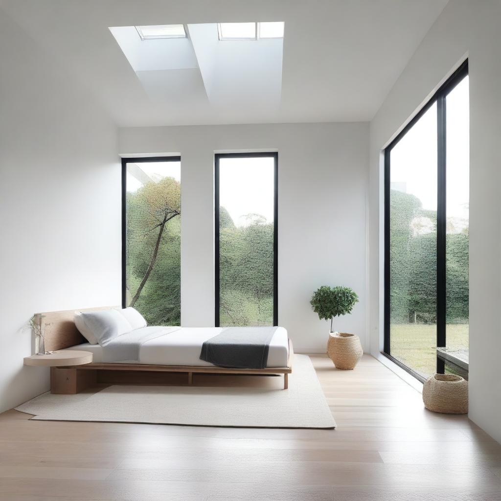 A minimalist room featuring a large window