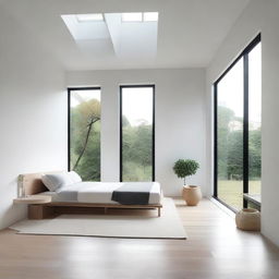 A minimalist room featuring a large window