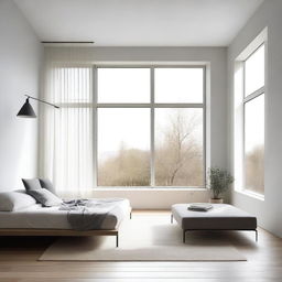 A minimalist room featuring a large window