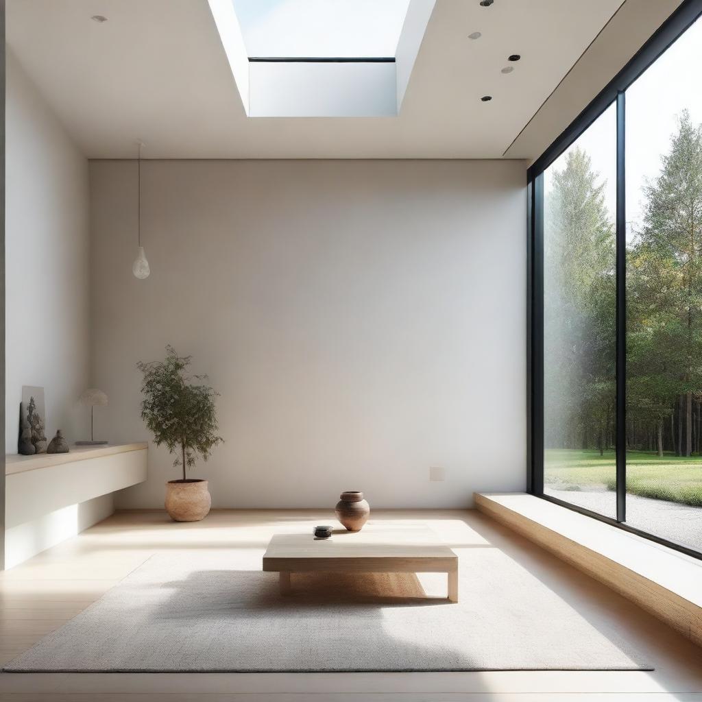 A minimalist room featuring a large window