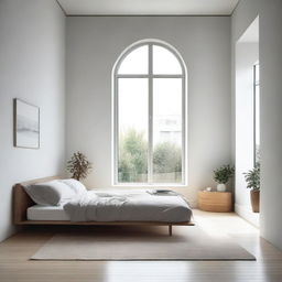 A minimalist room featuring a large window