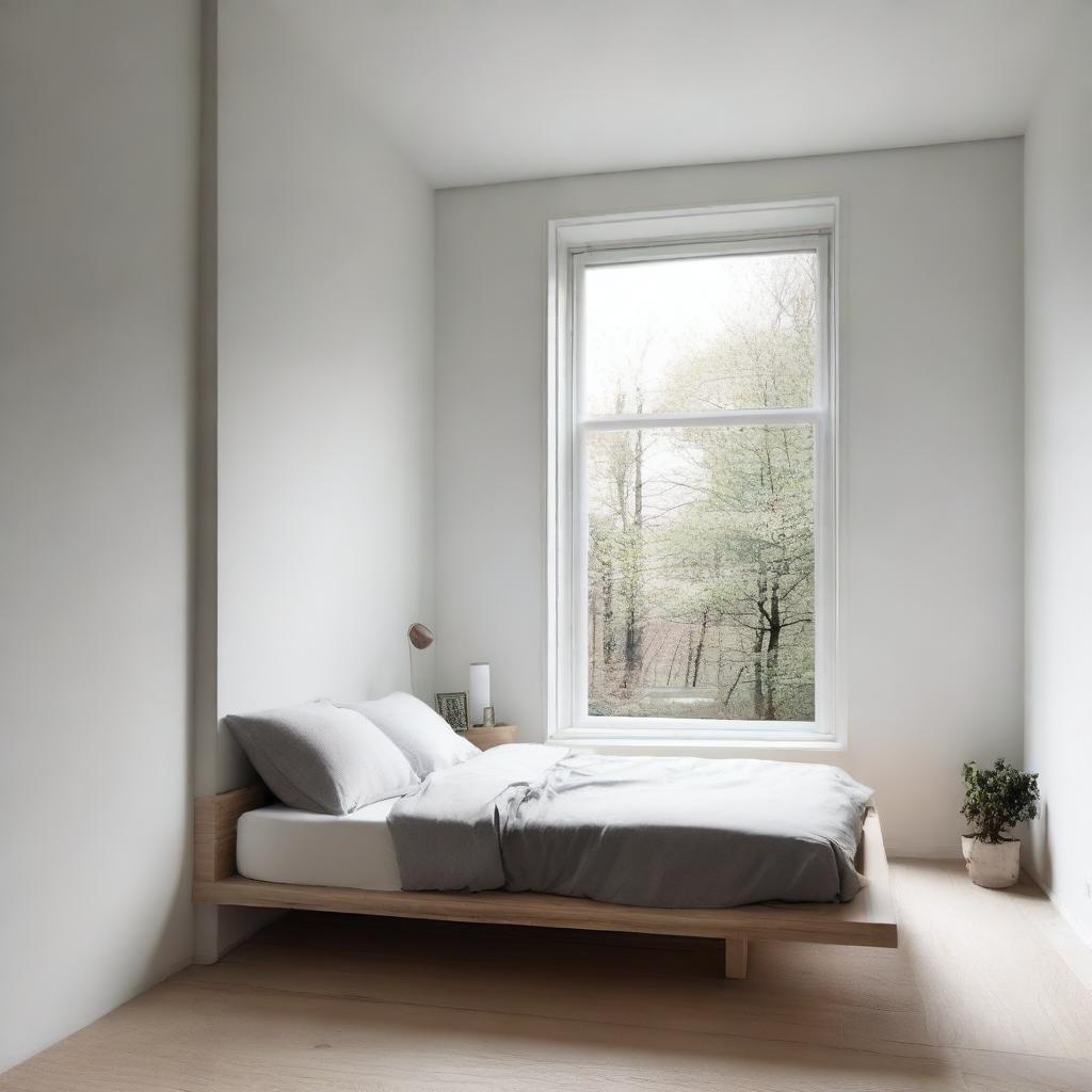 A small room featuring a window at the edge and a minimalist bed