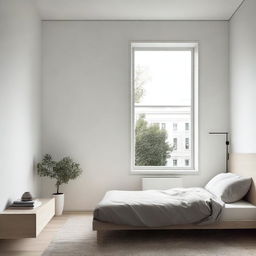 A small room featuring a window at the edge and a minimalist bed