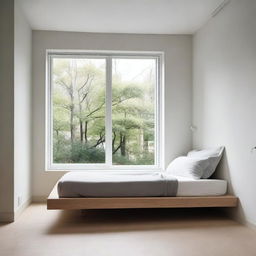 A small room featuring a window at the edge and a minimalist bed