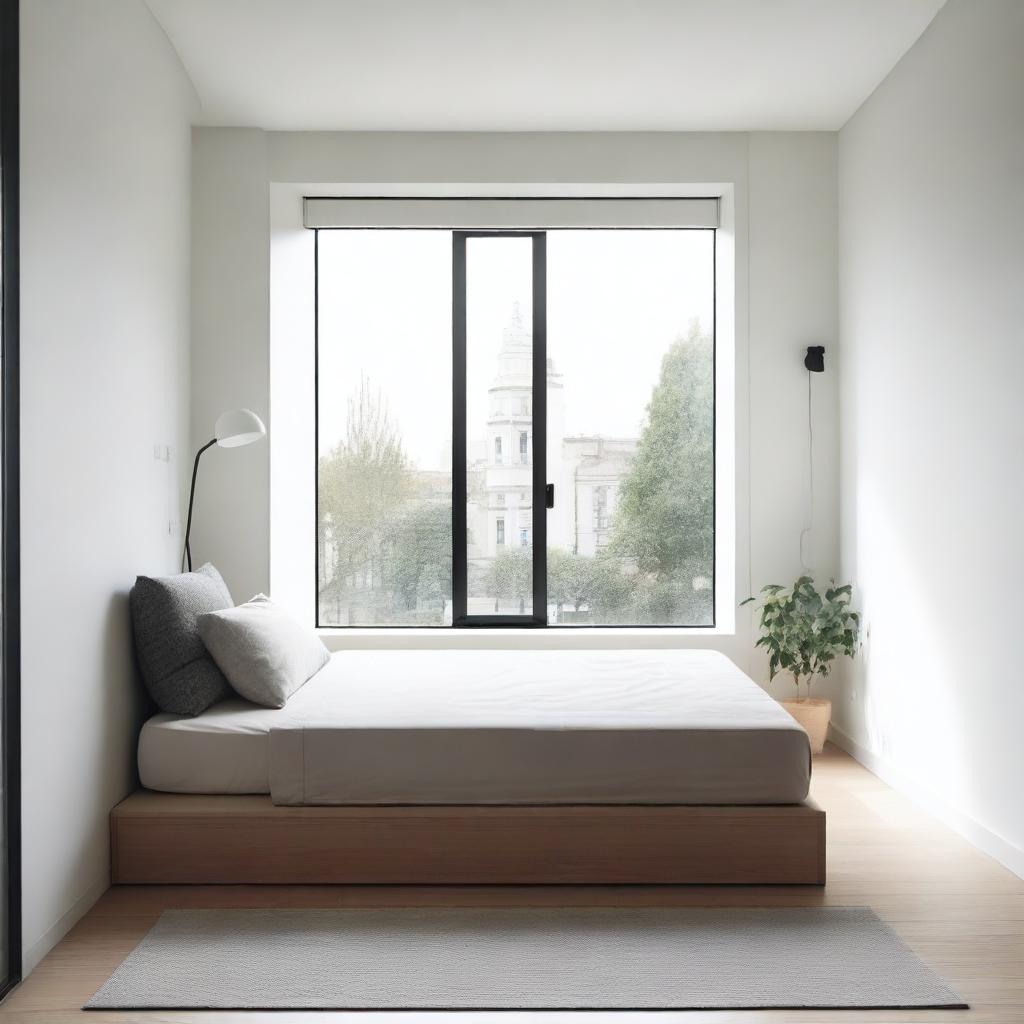 A small room featuring a window at the edge and a minimalist bed