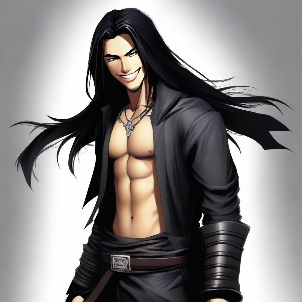 A young man with long black hair and a big smile, dressed in full assassin attire