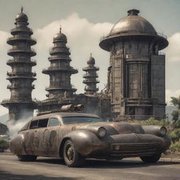 A blend of Timor-Leste’s traditional scenery with a dieselpunk theme, featuring retro-futuristic machinery, and architectural motifs conceptually fused with the unique elements of Timor-Leste culture.