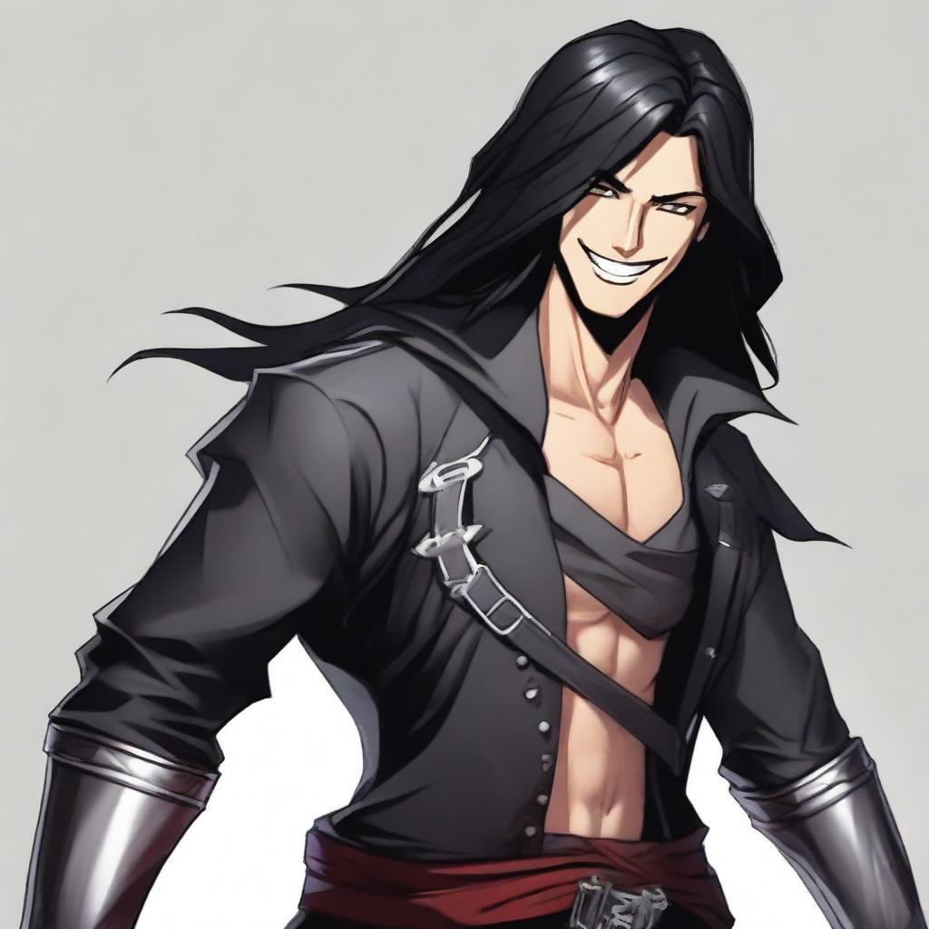 A young man with long black hair and a big smile, dressed in full assassin attire