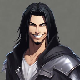 A young man with long black hair and a big smile, dressed in full assassin attire