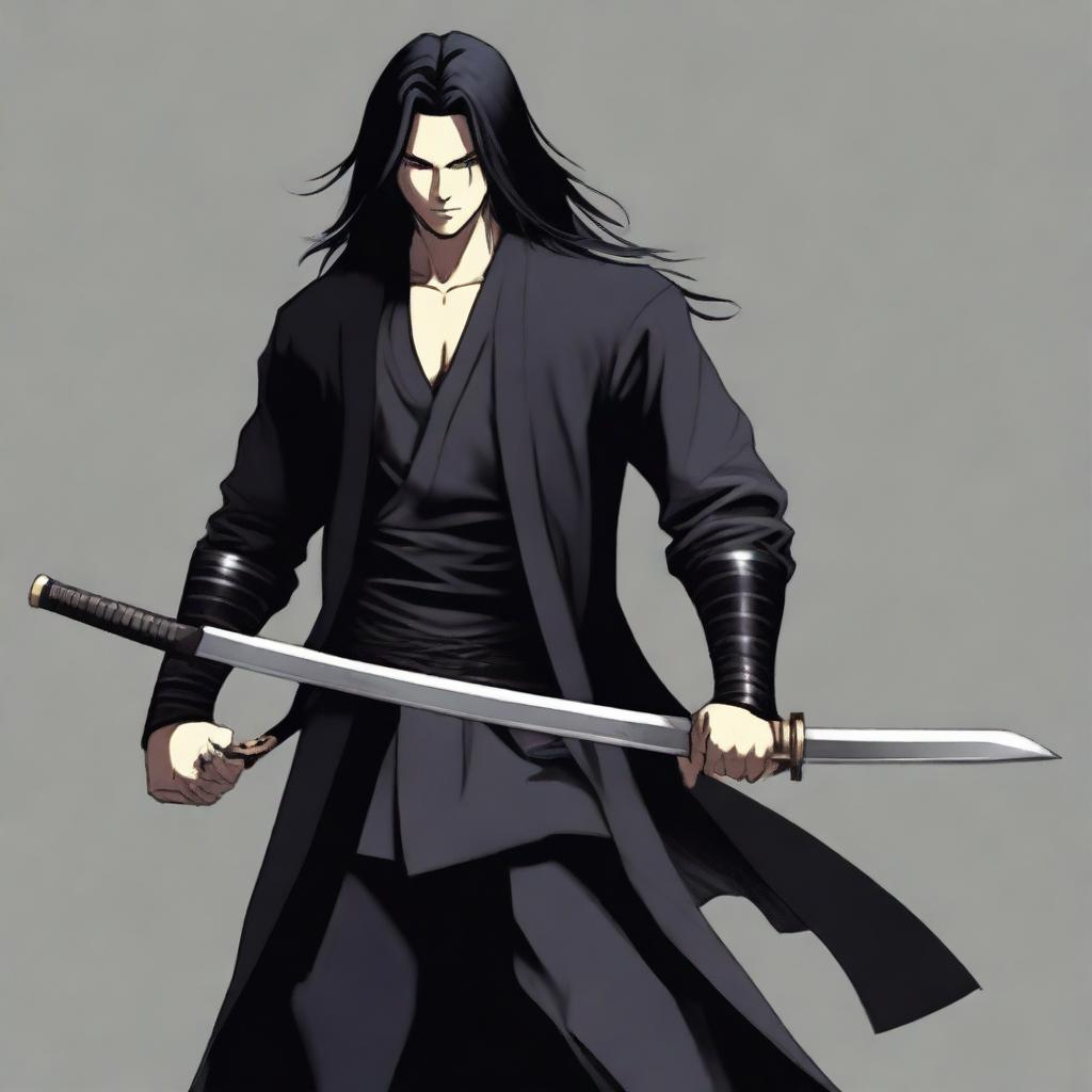 A young man with long black hair and a kind smile, dressed in sleek black assassin attire