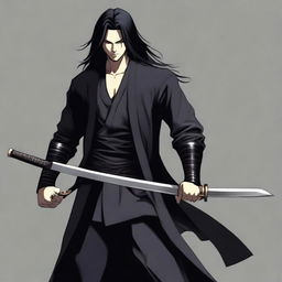 A young man with long black hair and a kind smile, dressed in sleek black assassin attire