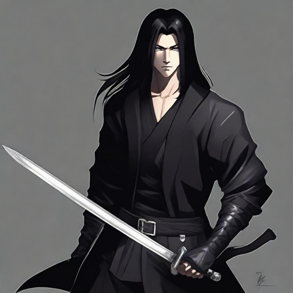 A young man with long black hair and a kind smile, dressed in sleek black assassin attire