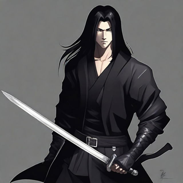 A young man with long black hair and a kind smile, dressed in sleek black assassin attire