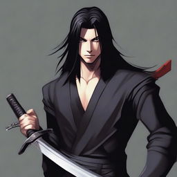 A young man with long black hair and a kind smile, dressed in sleek black assassin attire