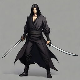 A young man with long black hair and a kind smile, dressed in sleek black assassin attire