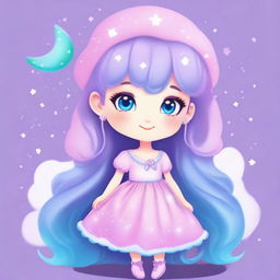 A character named Luna with pastel colors of pink, lilac, and turquoise